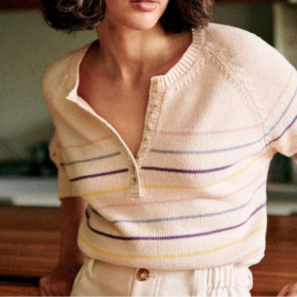 Sezane Leontine Jumper Striped Pastel Cream Button Up Medium Cotton - Picture 2 of 8